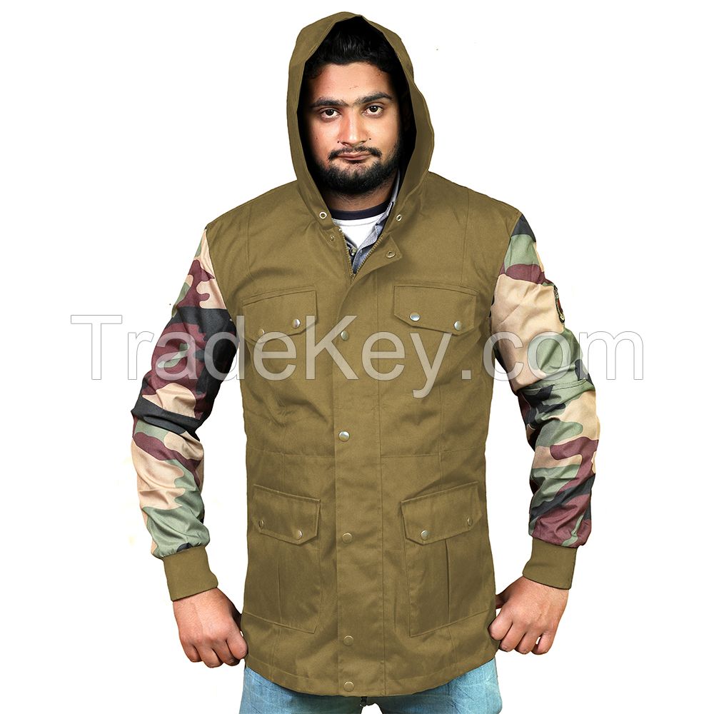 Hot Custom Heavy Windbreaker Winter Jacket with Camouflage arms, multi pocket with hood