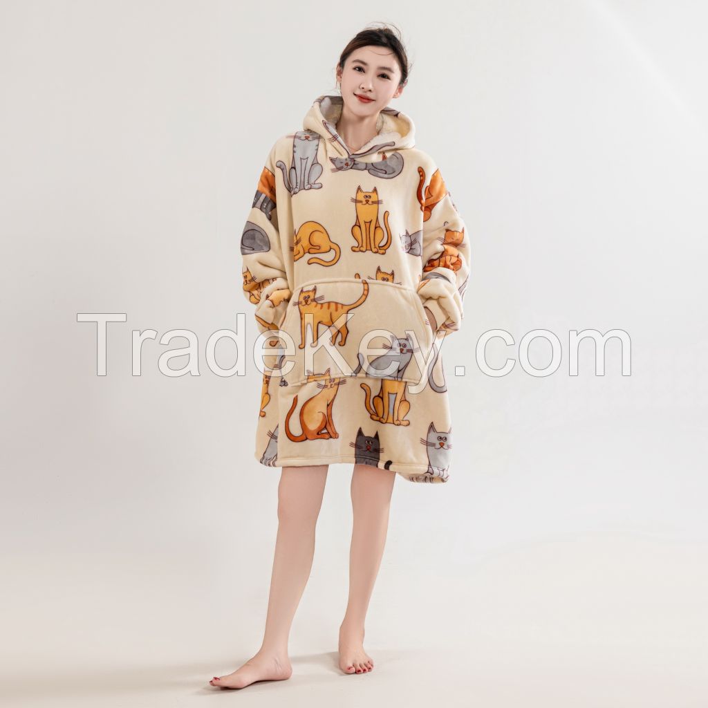 Oversized Wearable Cozy Printed Fleece Sherpa Hoodie Blanket with Pocket