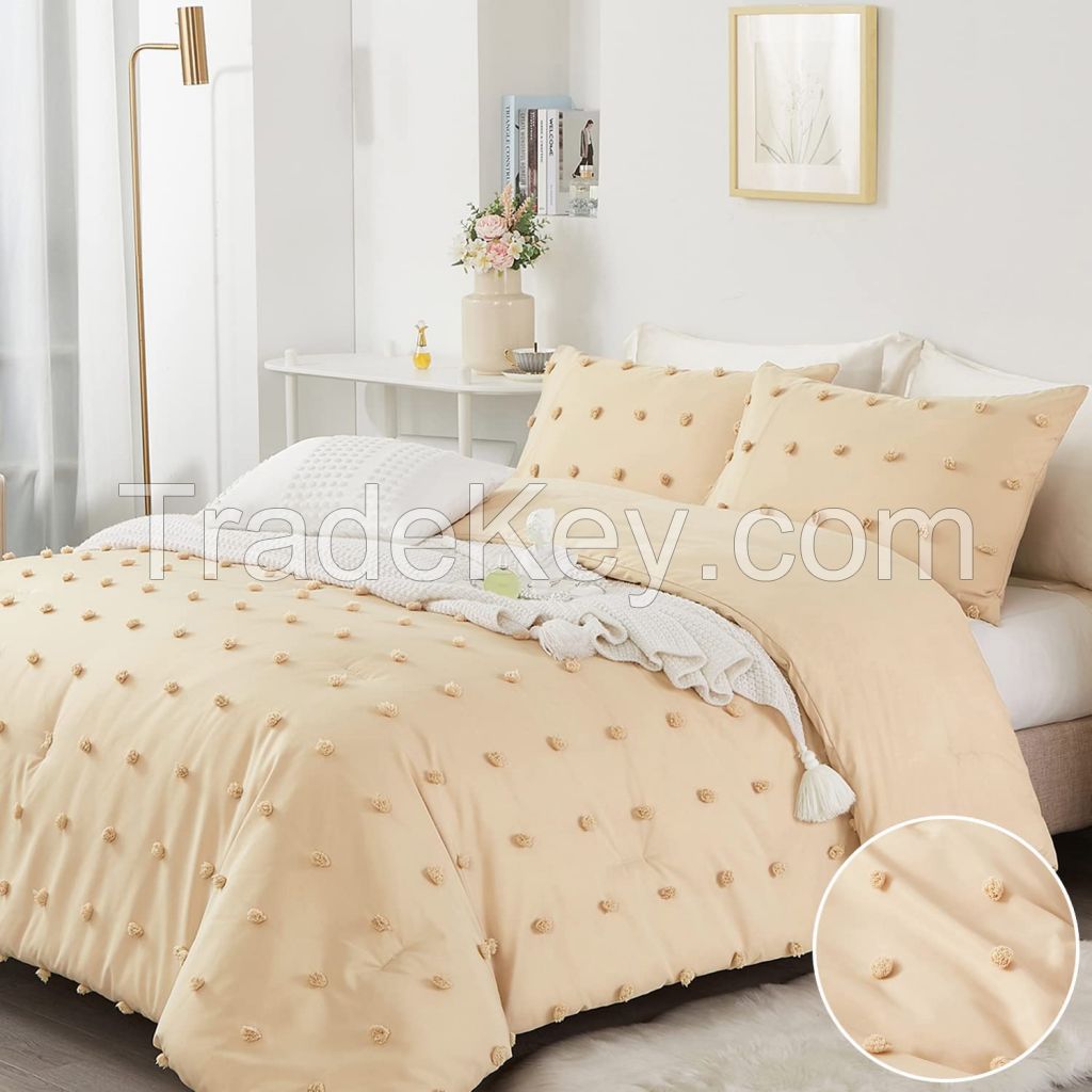 Stuaa Pom Pom Pink 3pcs Comforter Set Tufted Jacquard Comforter