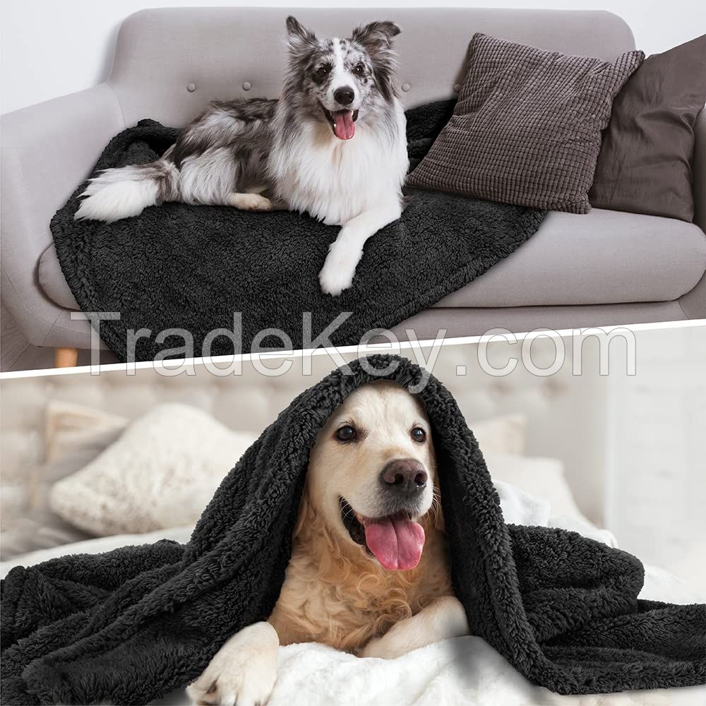 Black Fluffy Waterproof Dog Blanket for Small Medium Dogs, Soft Warm Pet Sherpa Throw Pee Proof Couch Cover