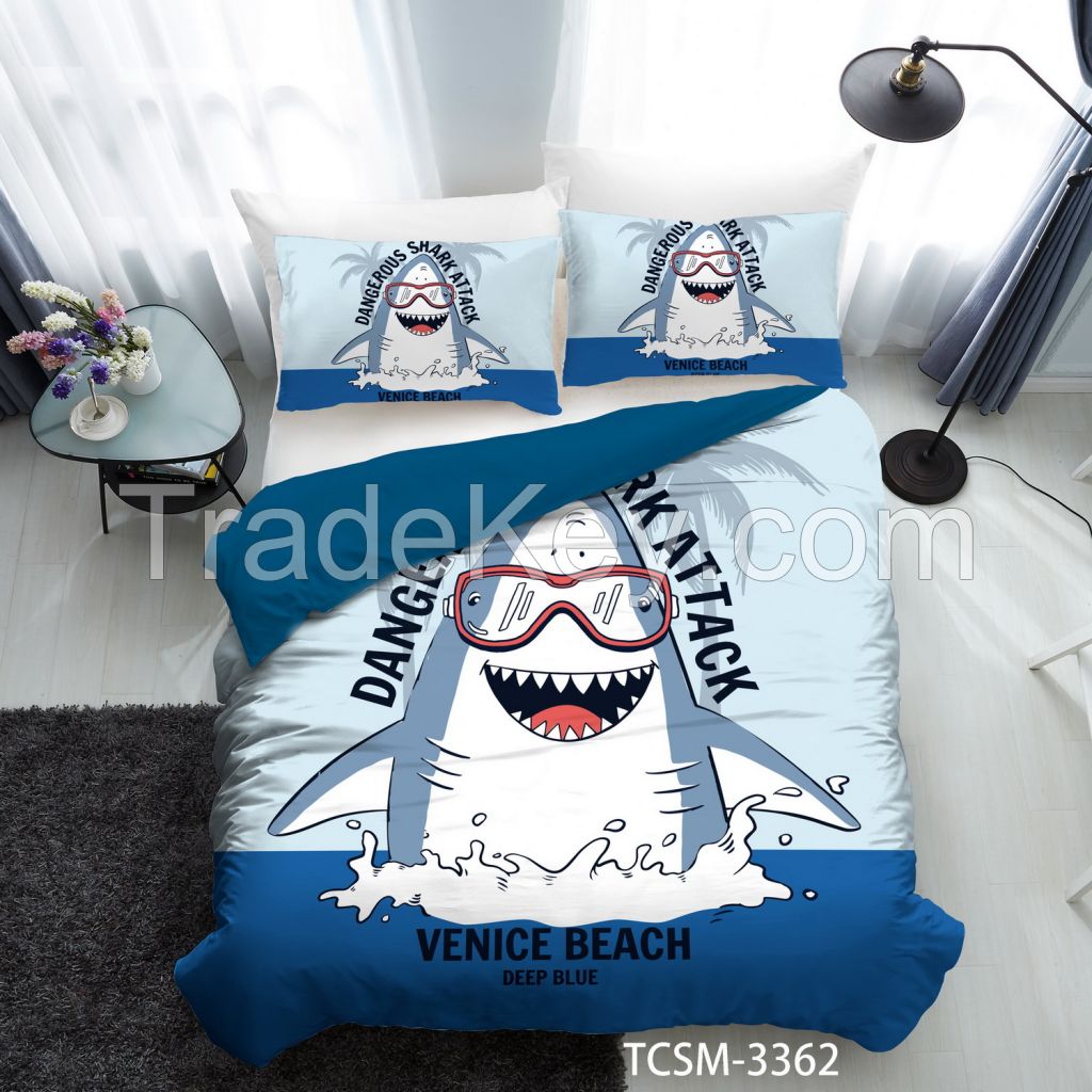 100% cotton kids bedding set with digital cool shark and sea world printing