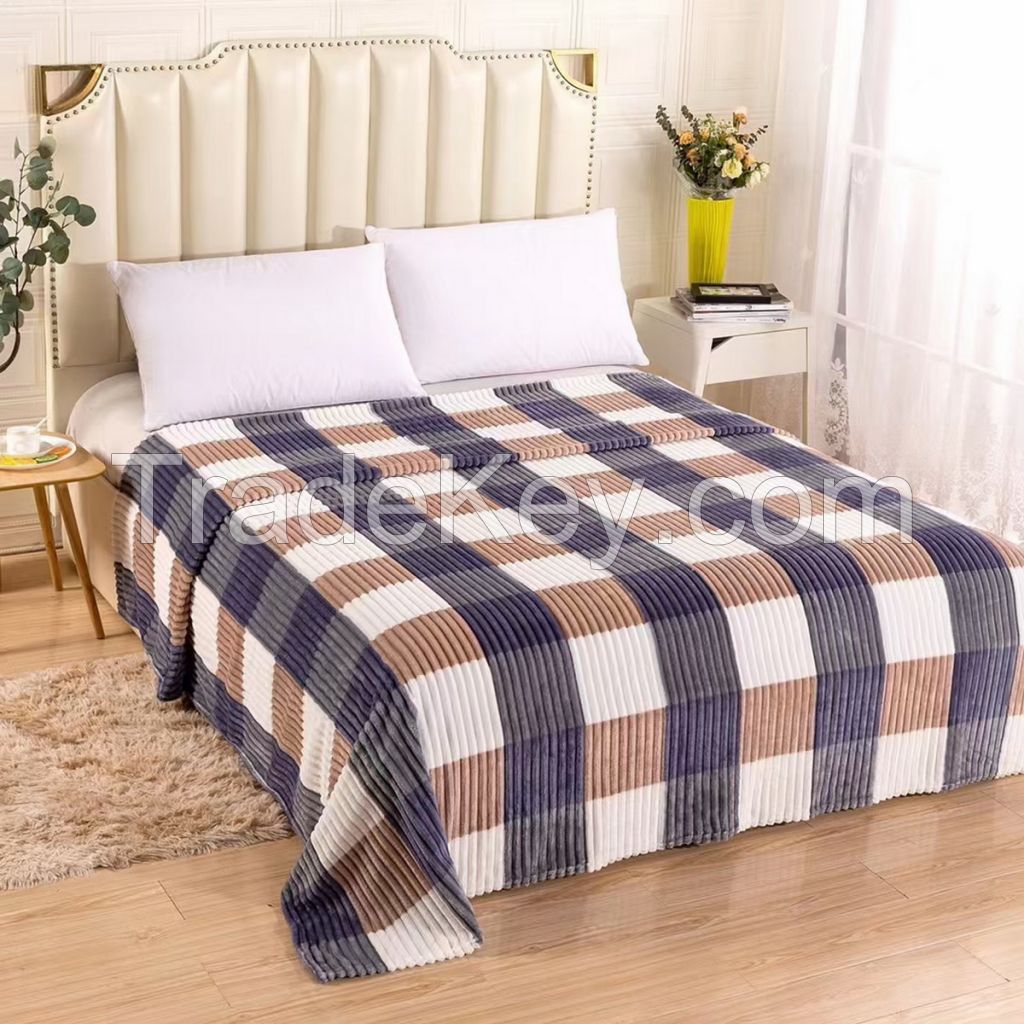 100% polyester single layer flannel fleece blanket with stripe pattern and check printing