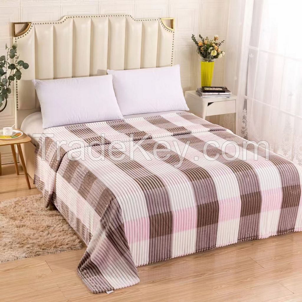 100% polyester single layer flannel fleece blanket with stripe pattern and check printing