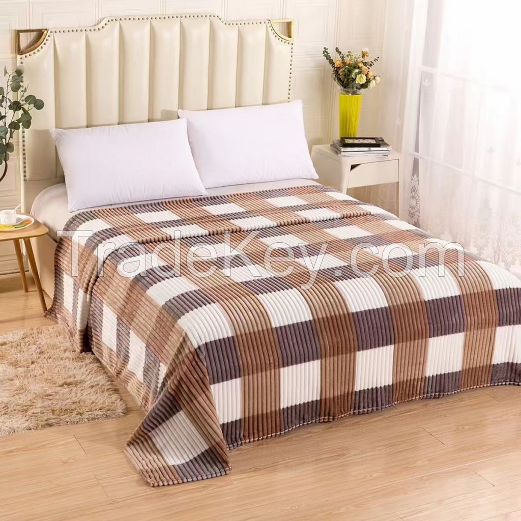 100% polyester single layer flannel fleece blanket with stripe pattern and check printing