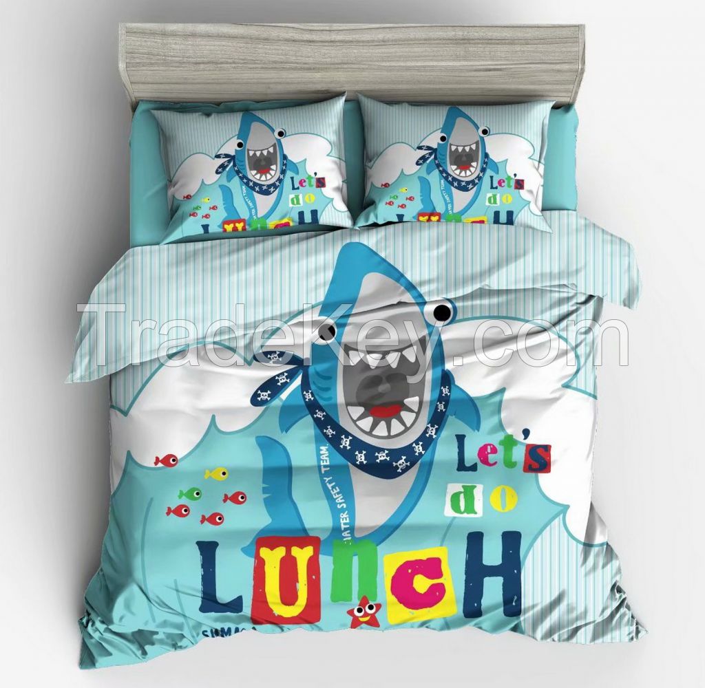 100% cotton kids bedding set with digital cool shark and sea world printing