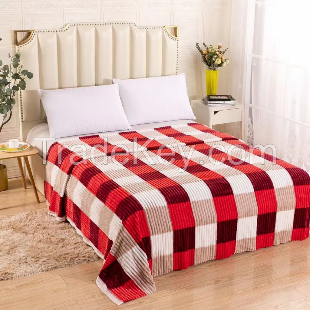 100% polyester single layer flannel fleece blanket with stripe pattern and check printing