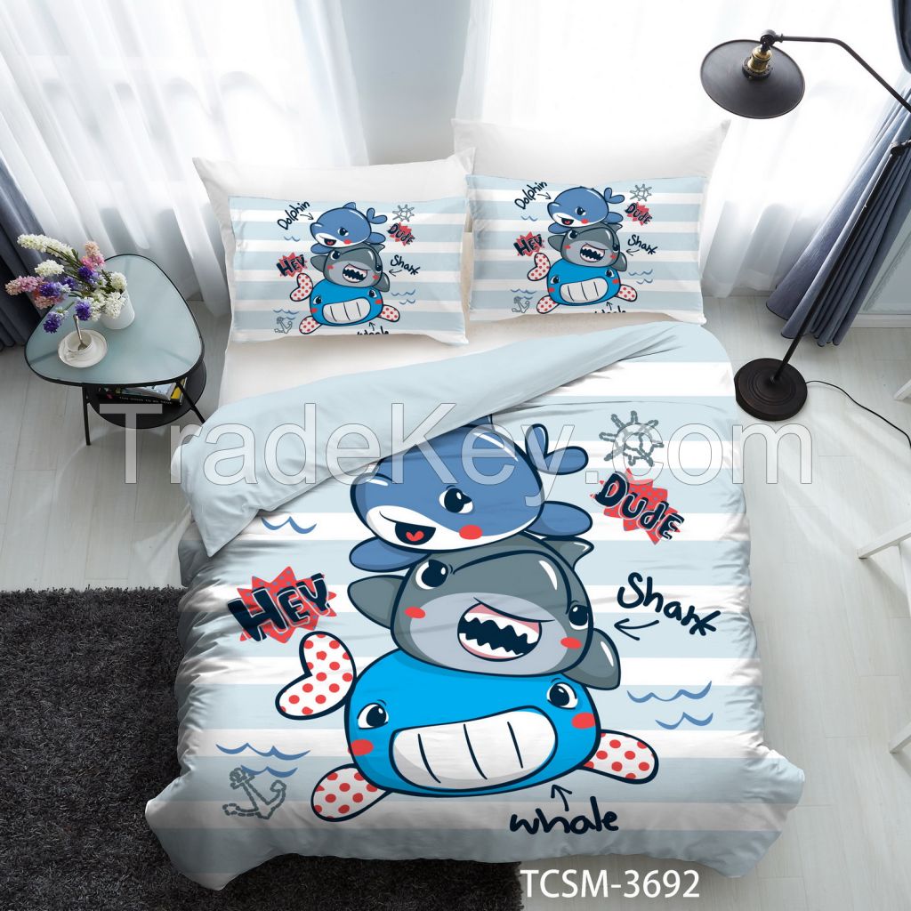 100% cotton kids bedding set with digital cool shark and sea world printing