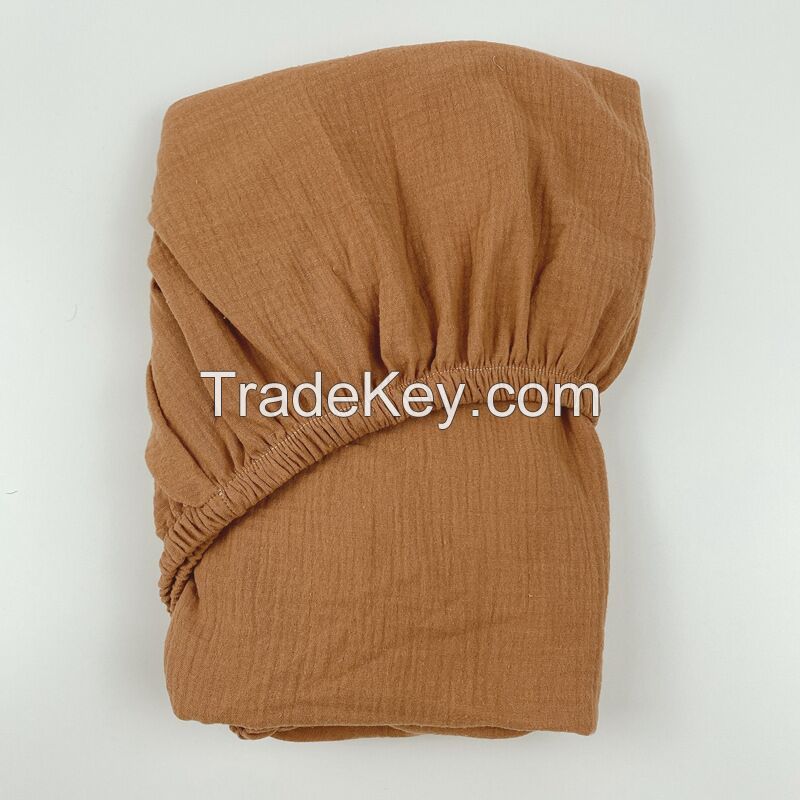 Wholesale 100% Cotton Crepe Baby Crib Sheet Customized Organic Double Layered Yarn Bed Sheet Muslin Fitted Sheer