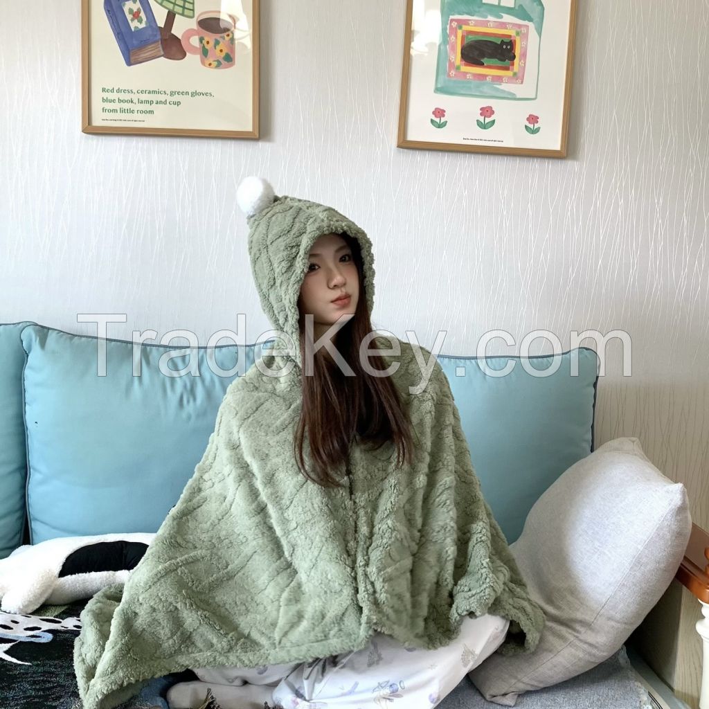 Jacquard Fleece Hood Shawl Blanket Office Nap Blanket Thickened Nap Blanket Taff Casual Blanket Sofa Blanket