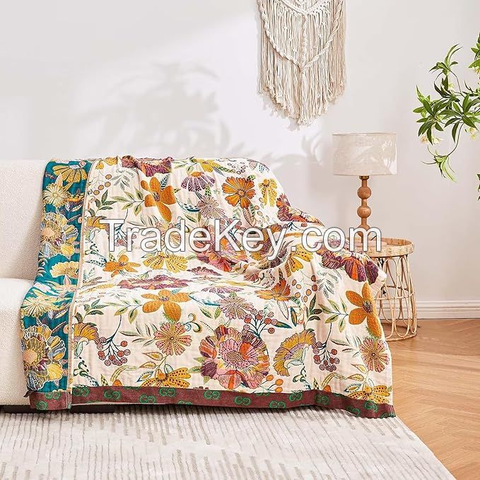 Home Textile Gift Soft Vintage Floral Boho Blanket king Size Picnic Throw Blankets Wholesale 100% Cotton Muslin Bed Blanket