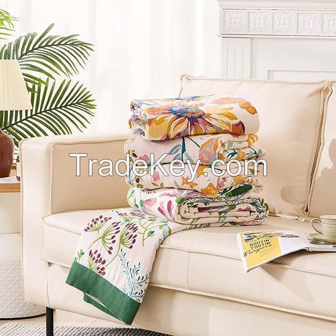 Home Textile Gift Soft Vintage Floral Boho Blanket king Size Picnic Throw Blankets Wholesale 100% Cotton Muslin Bed Blanket