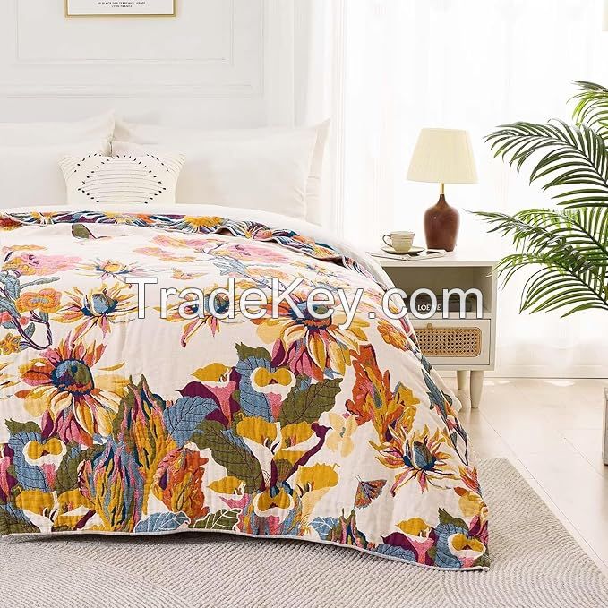 Home Textile Gift Soft Vintage Floral Boho Blanket king Size Picnic Throw Blankets Wholesale 100% Cotton Muslin Bed Blanket