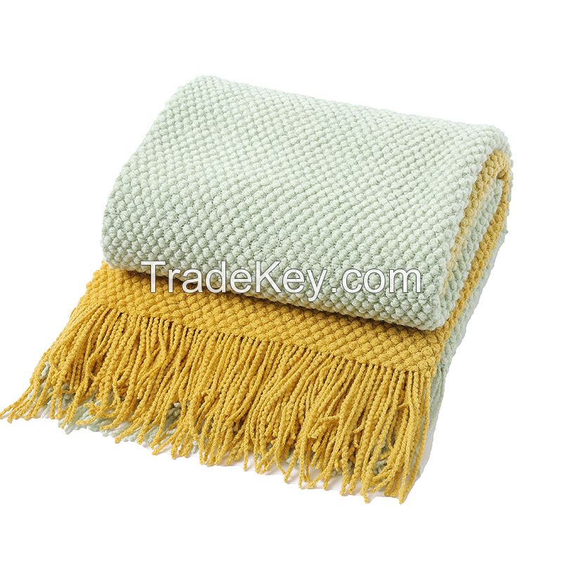 Super Soft Warm Design Colors Breathe Textured Home Decor Acrylic Knitted Throw Blankets With Tassel