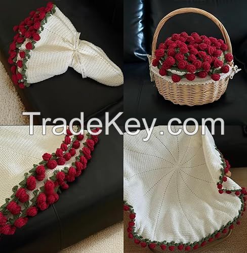 Handmade Crochet Lily of The Valley Flower Bouquet Blanket - Light Blue Sofa BlanketSoft and Cozy Knitted Throw