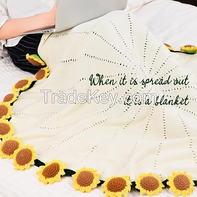 Handmade Crochet Lily of The Valley Flower Bouquet Blanket - Light Blue Sofa BlanketSoft and Cozy Knitted Throw