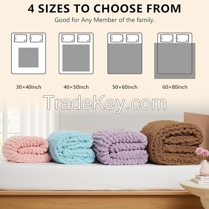Chunky Knit Blanket Throw Chenille Chunky Knitted Throw Blanket for Bed Couch - Handmade Thick Big Cable Knit Blanket - Large Chunky Crochet Rope Blanket for Home Decor