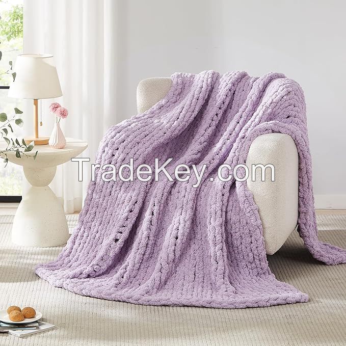 Chunky Knit Blanket Throw Chenille Chunky Knitted Throw Blanket for Bed Couch - Handmade Thick Big Cable Knit Blanket - Large Chunky Crochet Rope Blanket for Home Decor
