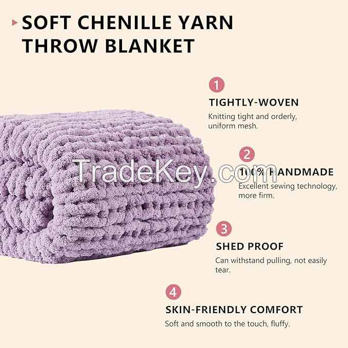 Chunky Knit Blanket Throw Chenille Chunky Knitted Throw Blanket for Bed Couch - Handmade Thick Big Cable Knit Blanket - Large Chunky Crochet Rope Blanket for Home Decor