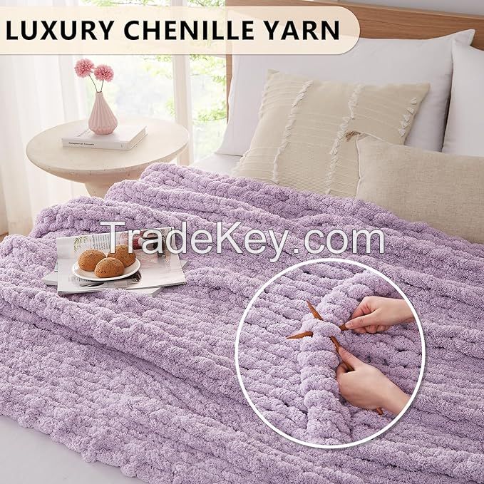 Chunky Knit Blanket Throw Chenille Chunky Knitted Throw Blanket for Bed Couch - Handmade Thick Big Cable Knit Blanket - Large Chunky Crochet Rope Blanket for Home Decor