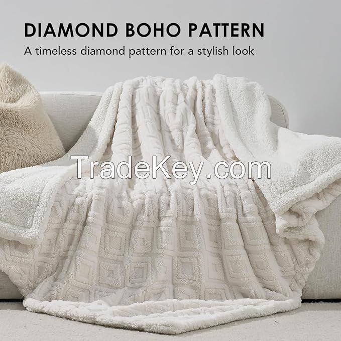 Jacquard Boho Sherpa Fleece Throw Blanket Super Soft Cozy Fuzzy Plush Blankets for Winter Reversible Thick Warm Blanket for Bed
