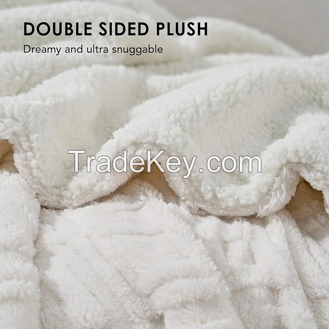 Jacquard Boho Sherpa Fleece Throw Blanket Super Soft Cozy Fuzzy Plush Blankets for Winter Reversible Thick Warm Blanket for Bed