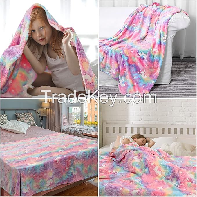 Glow In The Dark Blanket Cartoon Unicorn With Star Christmas Cartoon Dinosaur Boy Flannel Kids Throw Blanket For Christmas Birthda