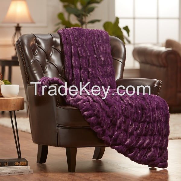 Ruched Faux Fur Throw Blanket With Reversible Mink Faux Fur Throw Blanket for Bed Double Side Ruched Rabbit Fur Blanket