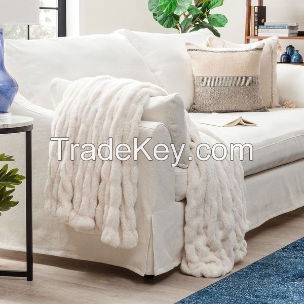 Ruched Faux Fur Throw Blanket With Reversible Mink Faux Fur Throw Blanket for Bed Double Side Ruched Rabbit Fur Blanket