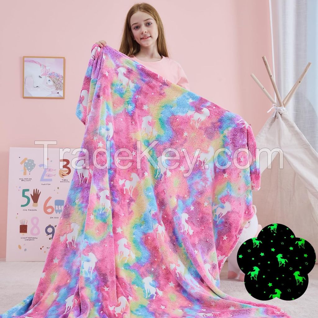 Glow In The Dark Blanket Cartoon Unicorn With Star Christmas Cartoon Dinosaur Boy Flannel Kids Throw Blanket For Christmas Birthda