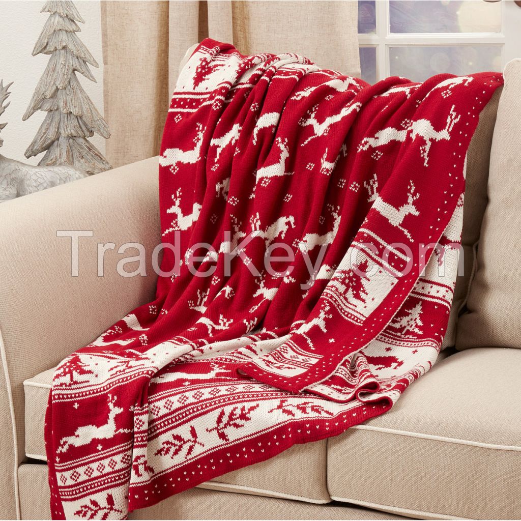 Reindeer and Christmas Tree Knit Throw Christmas Knit Throw Blanket 100% Acrylic Christmas Knitted Decorative Blanket