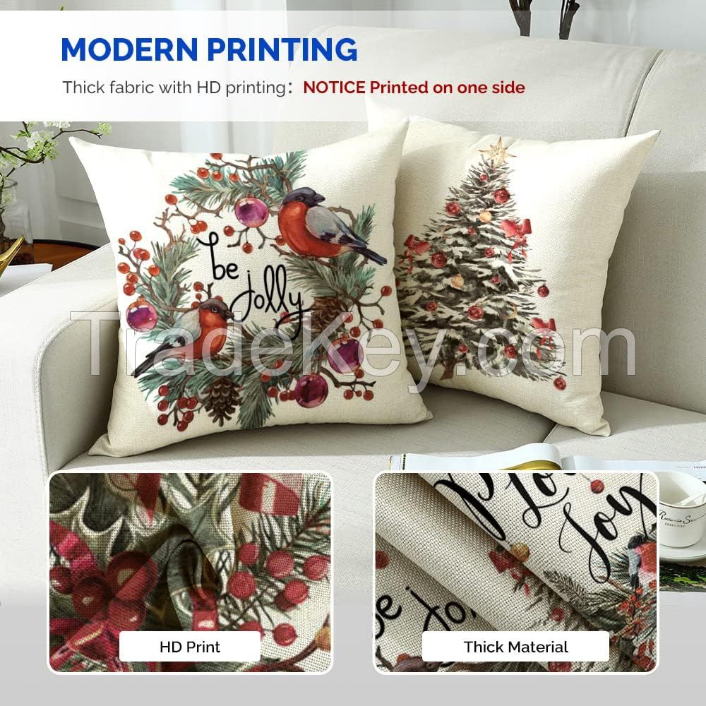 Throw Pillow Covers 18 x 18 Holiday Decorations Winter Decorative Cotton Linen Fabric Pillowcase for Christmas Home Sofa