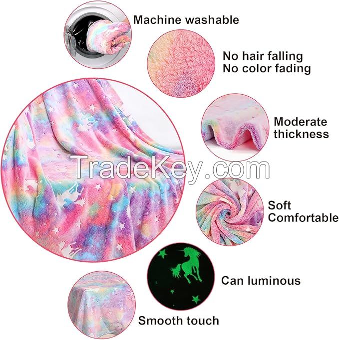 Glow In The Dark Blanket Cartoon Unicorn With Star Christmas Cartoon Dinosaur Boy Flannel Kids Throw Blanket For Christmas Birthda