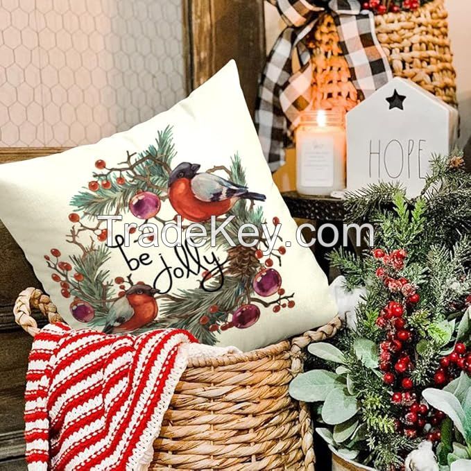 Throw Pillow Covers 18 x 18 Holiday Decorations Winter Decorative Cotton Linen Fabric Pillowcase for Christmas Home Sofa