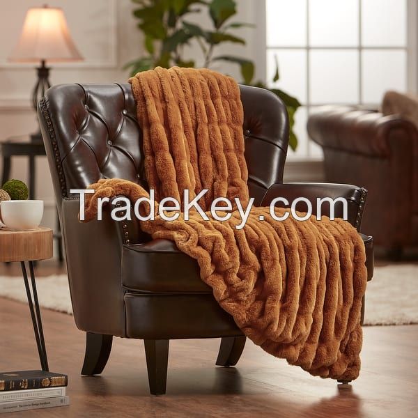 Ruched Faux Fur Throw Blanket With Reversible Mink Faux Fur Throw Blanket for Bed Double Side Ruched Rabbit Fur Blanket