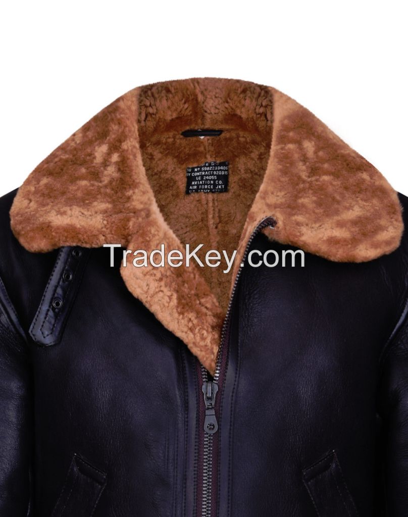 customs bomber jackets Aviator Mens Bomber Pilot Flying Fur Collar Sheepskin Leather Jacket