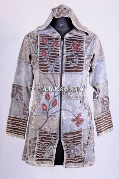 Bohemian Stonewashed razor cut fashion trend ladies long hood jacket, outwear hoodies, knitting ladies jacket