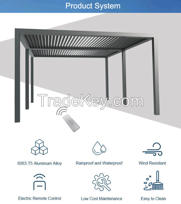 Customized adjustable outdoor pergola waterproof louvered pergola aluminum motorized garden pergola with led light