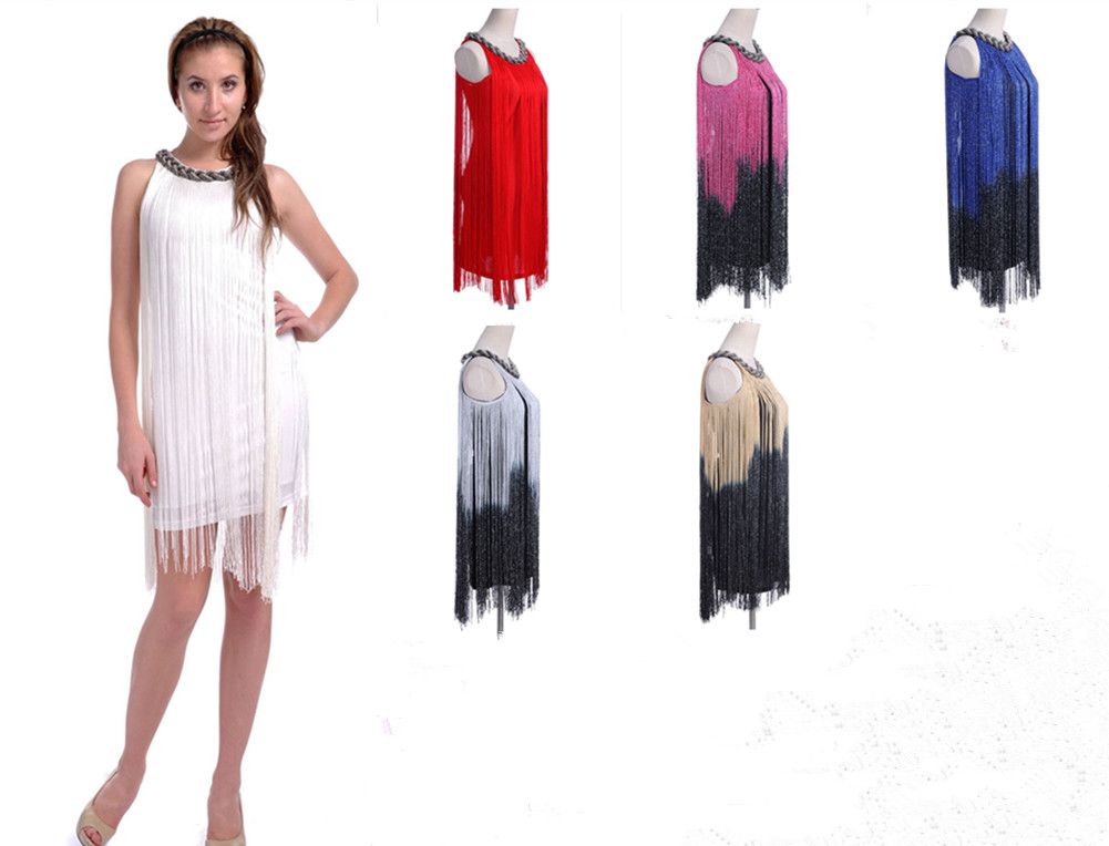 Long Swinging Fringe Bead Trim Neck Dress