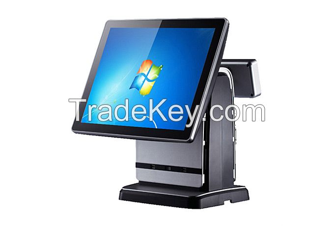 15 inch all in one touch screen low cost pos system with VFD customer display & magnetic card reader