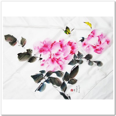 Hand Painted Peonies Silk Painting Square Silk Scarves