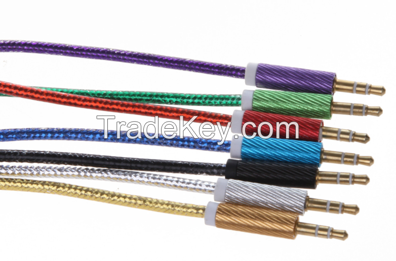 Aux Cable audio cable 3.5mm stereo Colorful Braided Fabric Coated Noodle Male to Male for car iPhone MP3 MP4