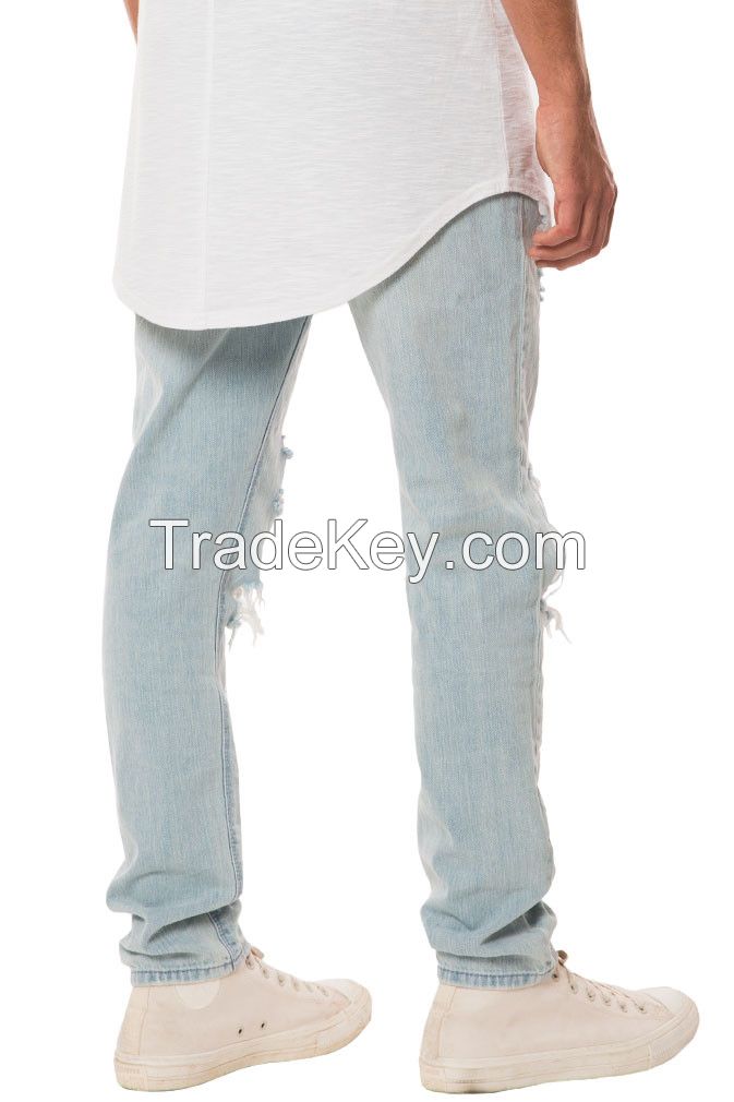 custom men Stretchy Ripped Skinny Jeans Destroyed Taped Slim Fit embroidery patches Denim Pants washed zipper button fly