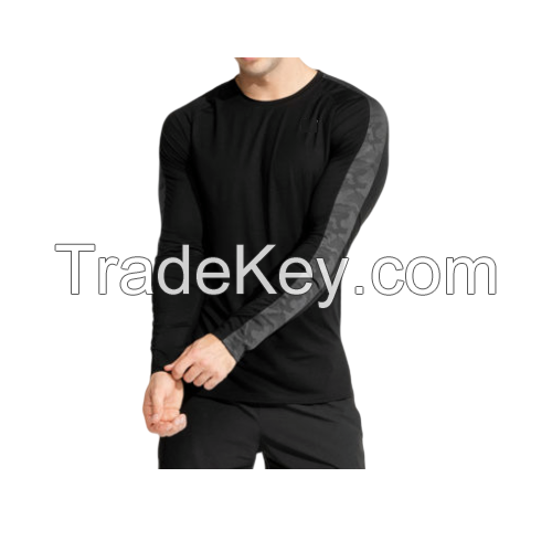 Custom Bodybuilding Muscle Athletic Sports Men Gym Workout Fitness Long Sleeve T Shirts Straight Hem Line Slim Fit Cross