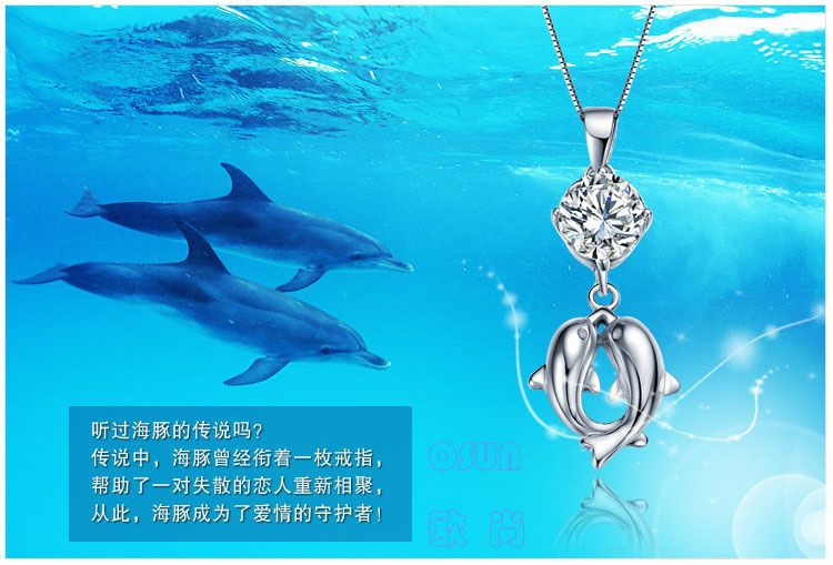selling  lover necklace, silver pendants, couple dolphin zircon pendant, plated 3 levels platinum