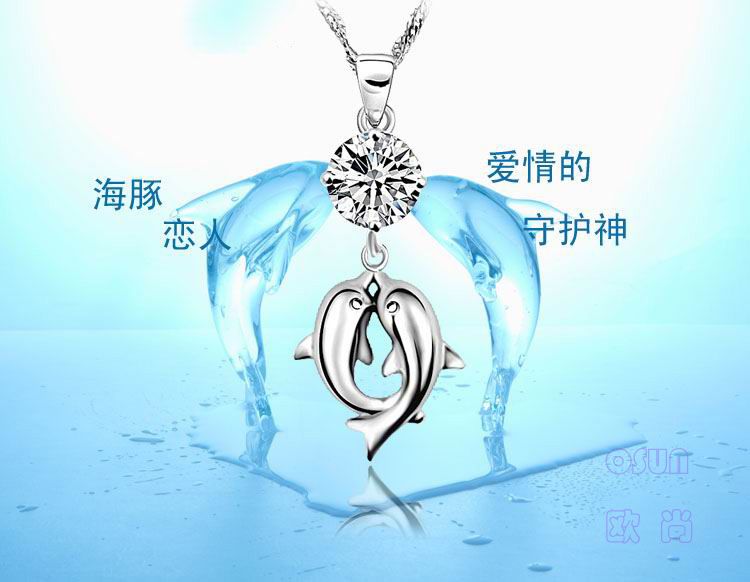 selling  lover necklace, silver pendants, couple dolphin zircon pendant, plated 3 levels platinum