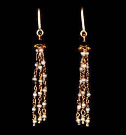 Triple Strand Ear Rings Hand made - Gold and Pearls