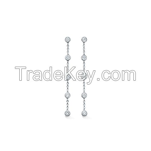 CZ Studded Long Chain Earring with Rhodium Plated