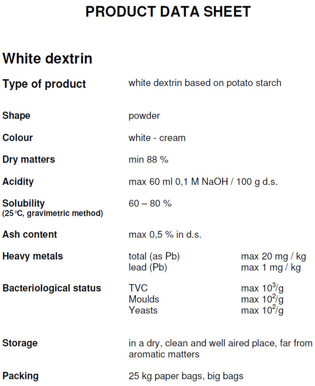 Dextrin, potato starch based, for paper, food and textile industries