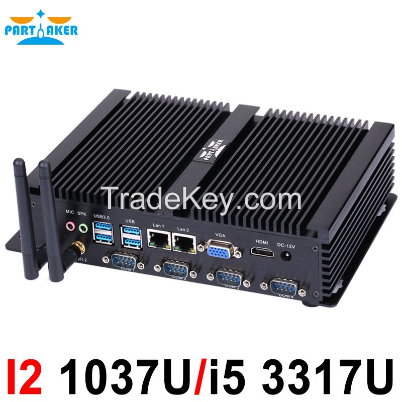 Fanless mini pc industrial computer with USB 3.0 Dual Gigabit Lan 4 COM HDMI Intel Celeron C1037U Core i5 3317U Windows 10 Linux