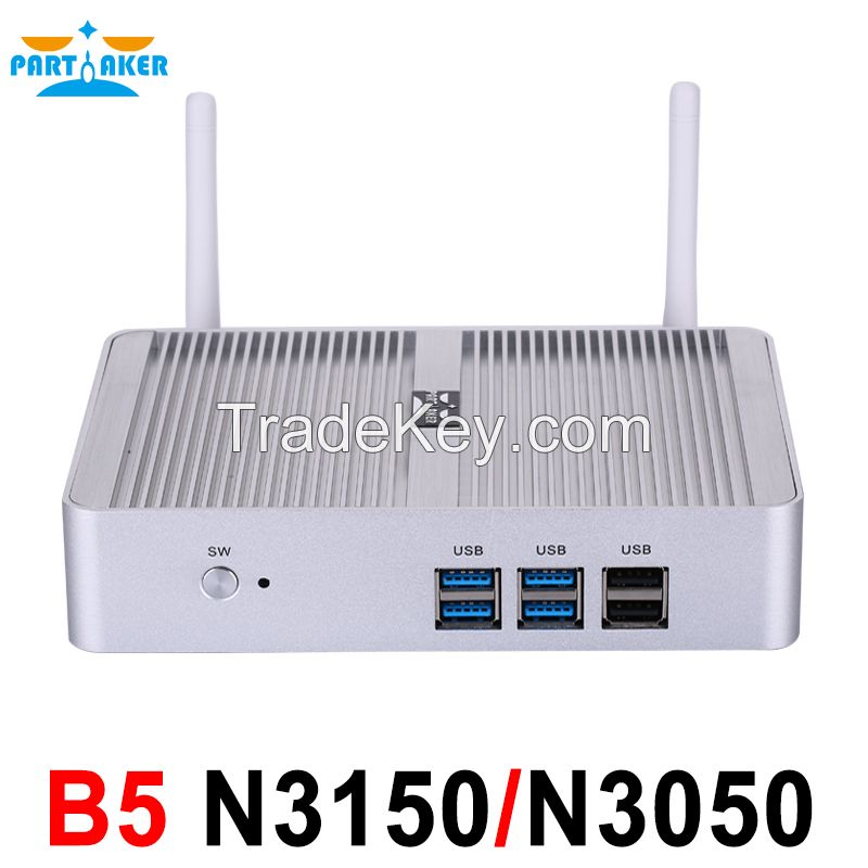 Partaker B5 Fanless Desktop Computer Mini Pc N3150 N3050 with Dual Lan Dual HDMI Free WiFi Barebone Max 8G RAM 512G SSD 1TB HDD